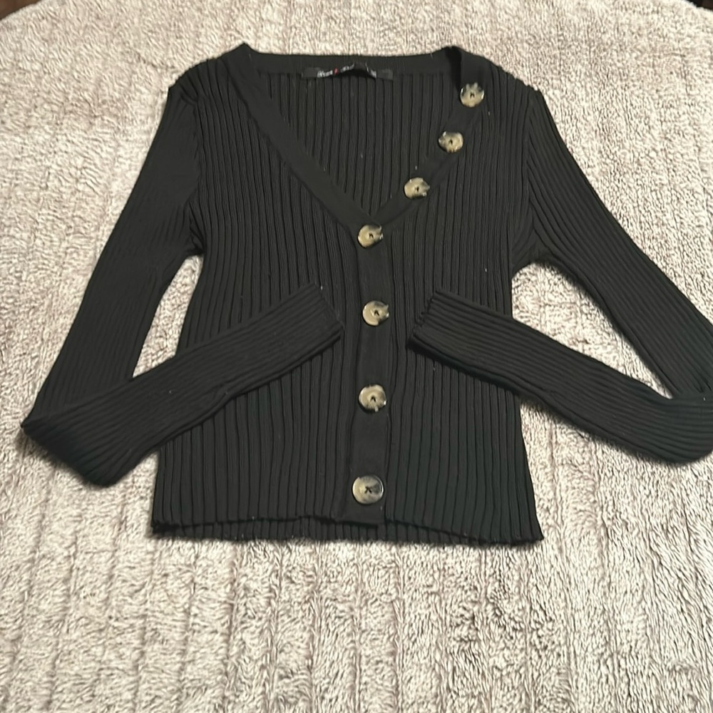 Black thick V-neck short womens sweater with brown/tan buttons